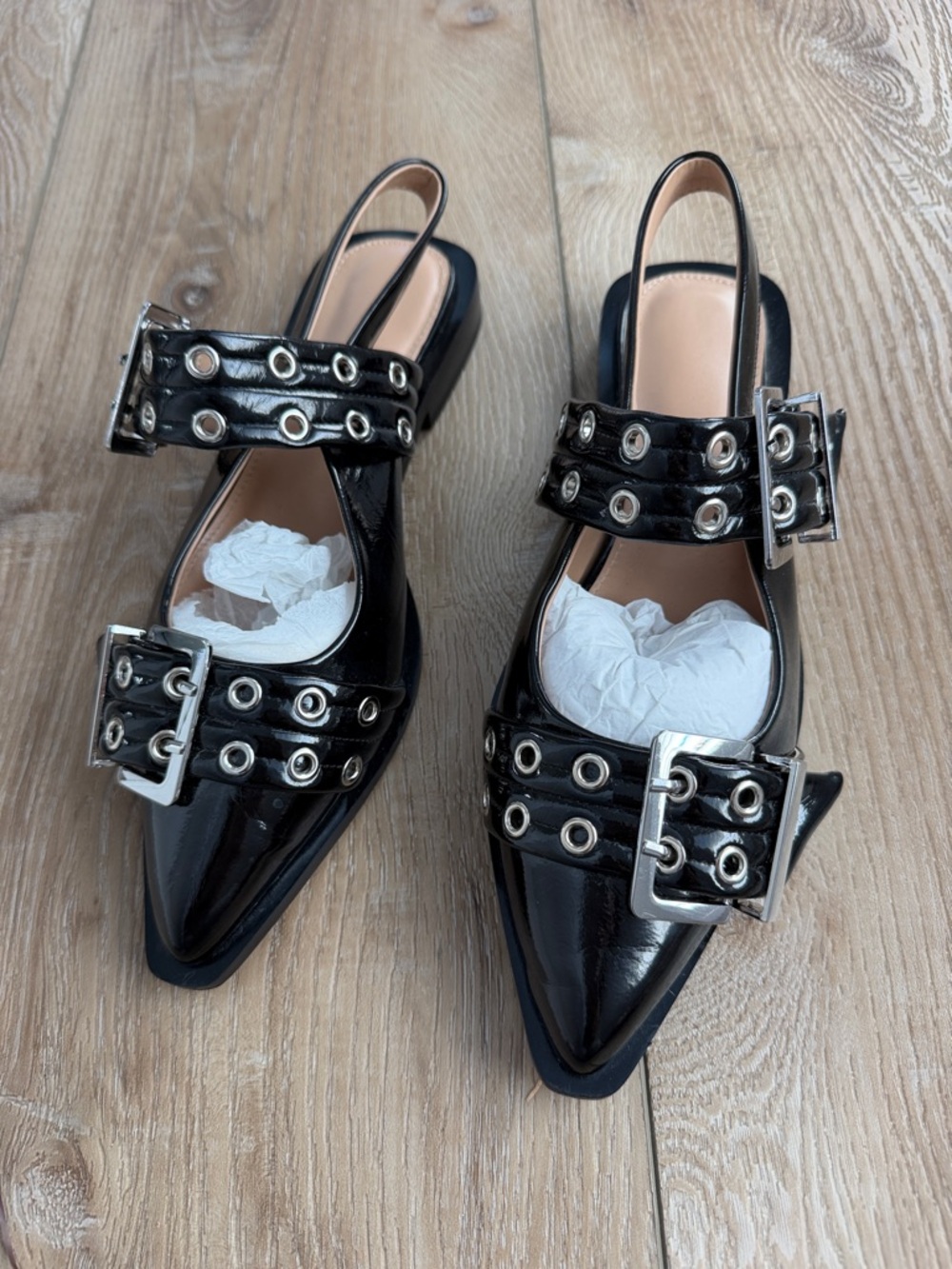 Women's Black Patent Pointed Slingback Flats with Grommet Straps